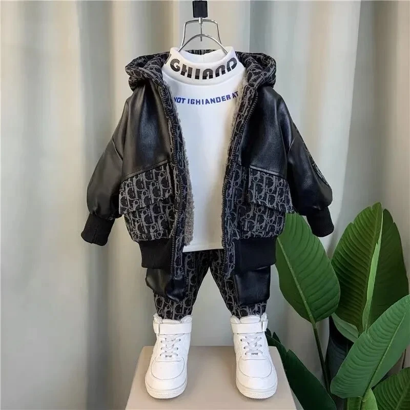 Kids Clothes Autumn and Winter Boys' Clothing Set New Children's and Baby's Winter Wear Plush Thick Hooded Coat Pants 2 Piece Set
