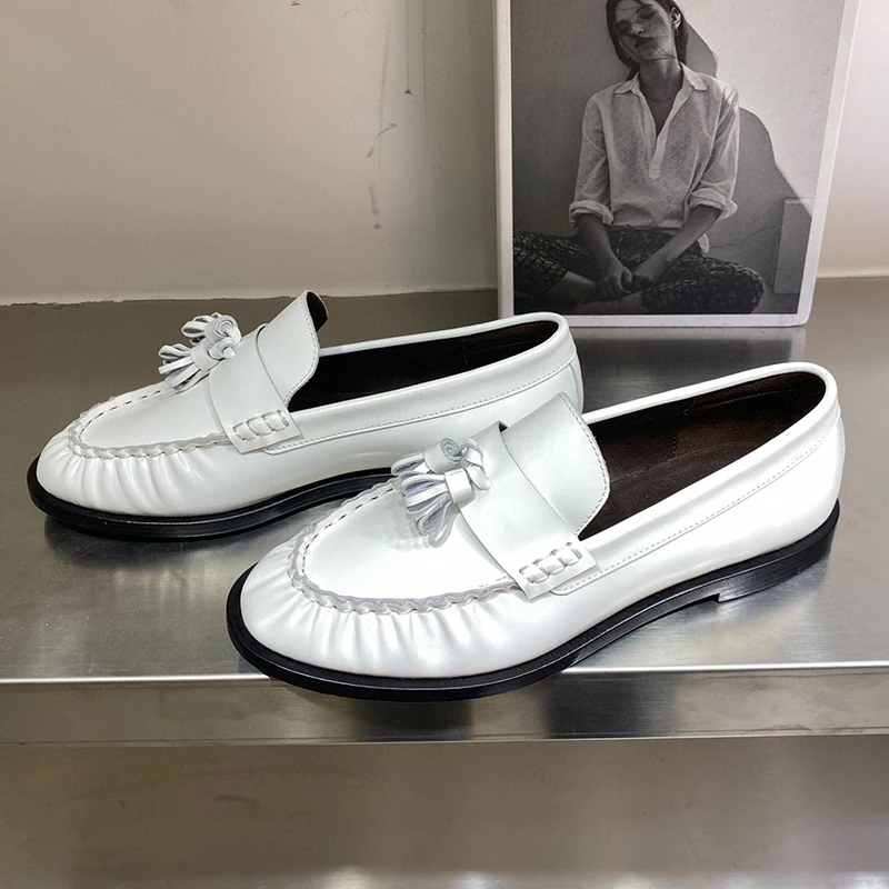 

New Arrivals High-Quality Concise Women's Loafers Genuine Leather Round Toe Flower Pleated Design Soft Ladies Shoes Spring