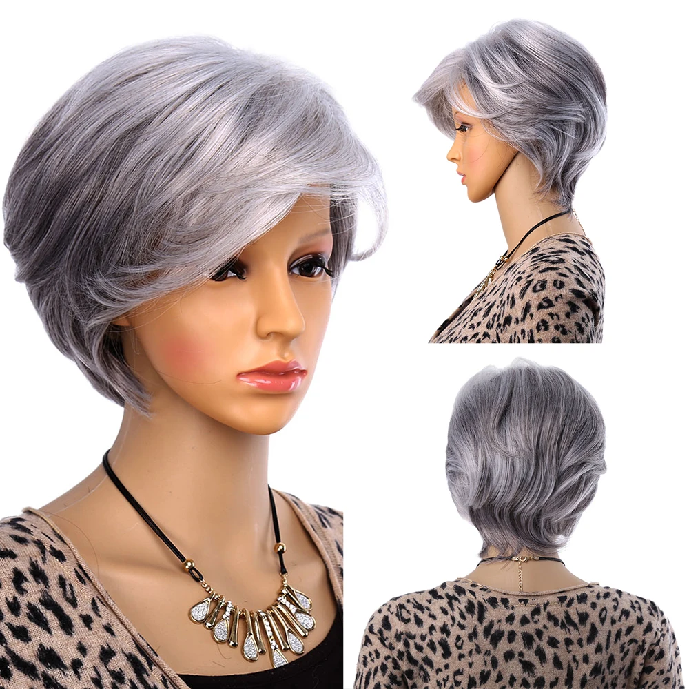 Amir Synthetic Grey Hair wig for Women Short Wigs with Bang Synthetic Gray Hair Straight Style Olded Wig Cosplay