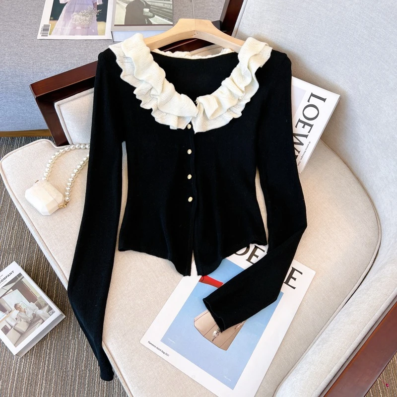 

Autumn Women Cardigan Retro Design Ruffles Slim Sexy Sweet Elegant All-match Korean Style Sweaters Fashion Casual Cropped Ladies