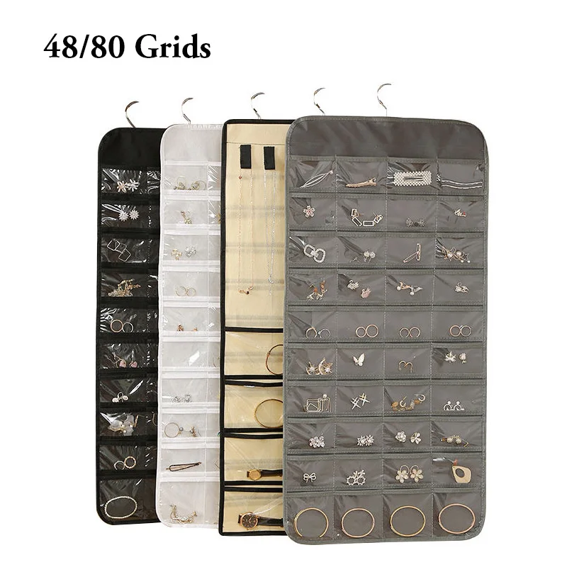 

48/80 Grids Earrings Storage Bag Double-sided Jewelry Ornaments Organizers Hanging Sorting Ring Necklace Dustproof Storage Box