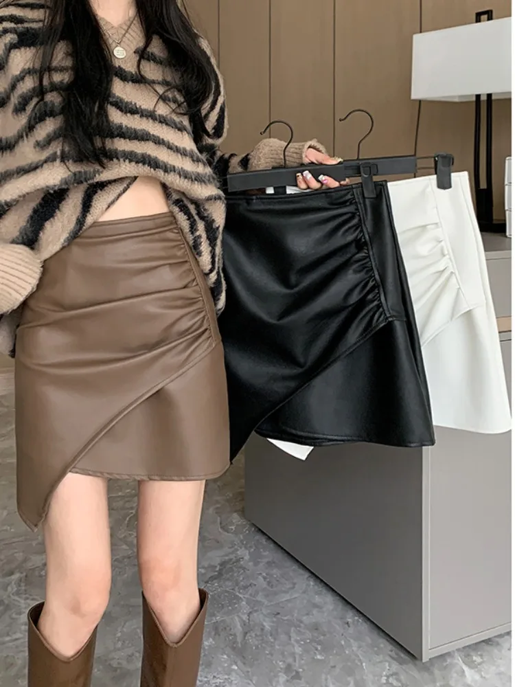 Plus size Irregular Leather Skirt Women s Spring and Autumn High Waist Slimming Design Sense for Plump Girls A Word Short dre