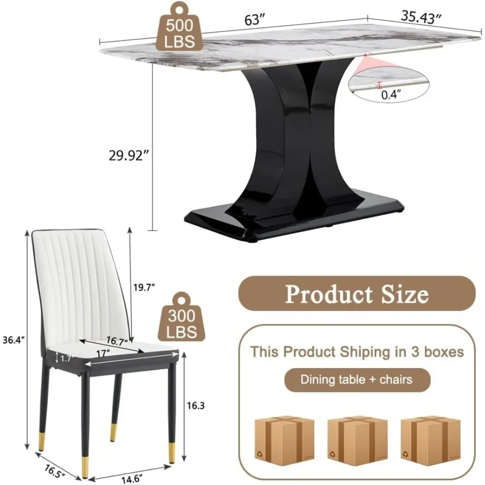 Dining Table Set for 6, Marble Kitchen Table Chair Set for 6, Rectangular Kitchen Table with 6 Pu Leather Upholstered Chair 2
