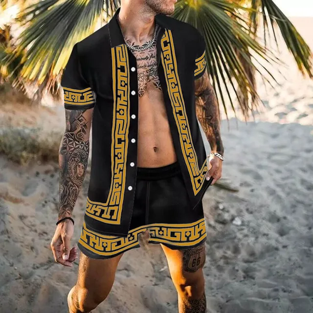 2022 Men Sets Print Patchwork Lapel Short Sleeve Casual Shirt Beach Shorts Summer Streetwear Vacation Hawaiian Suits Men S-3XL 1