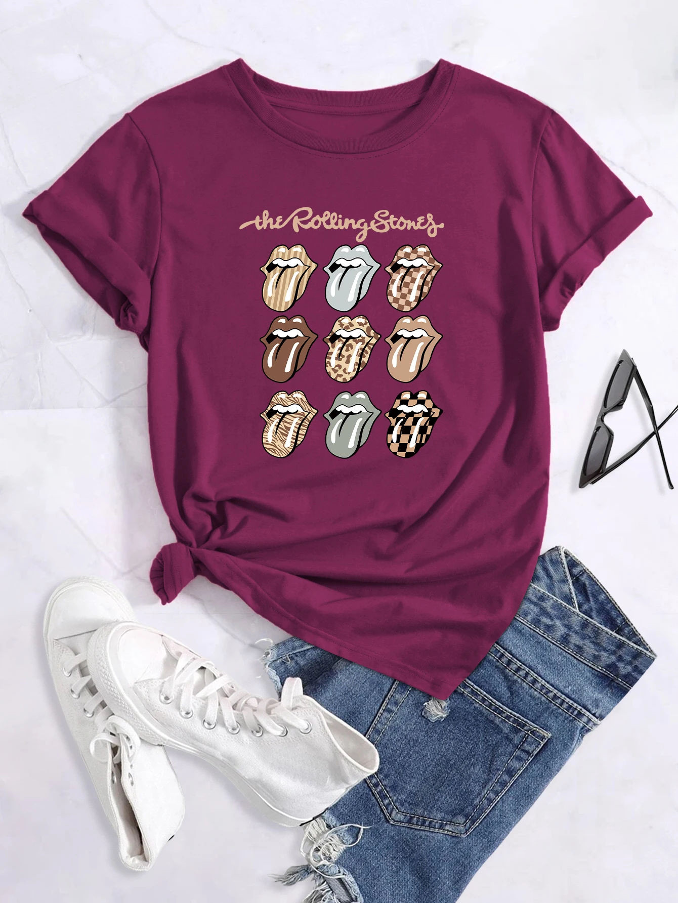 Plu Size 'The rolling tone' Tee,Print Crew Neck T-hirt,Women' Caual Looe Short Sleeve Fahion Summer T-Shirt_voghion.com