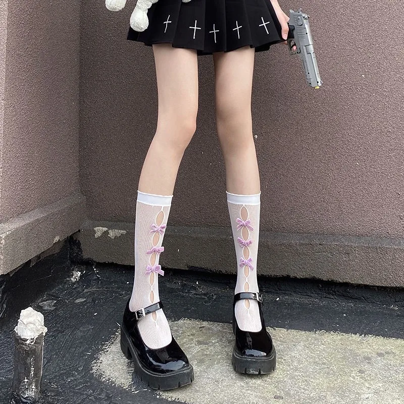 

Летние женские полые черные носки до середины икры в стиле "Лолита", дамские однотонные дизайнерские чулки с несколькими бантиками, тонкие дышащие чулки, 1 пара