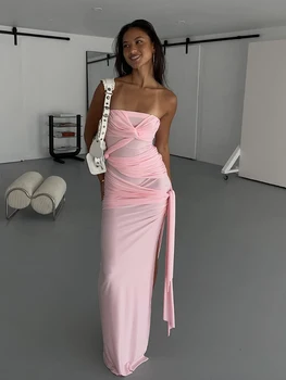 Weird Puss Cross Bandage Dress Women Ruched Chest Wrap Backless Sleeveless Tassel Y2K Street Trend Elegant Slits Long Bodycon