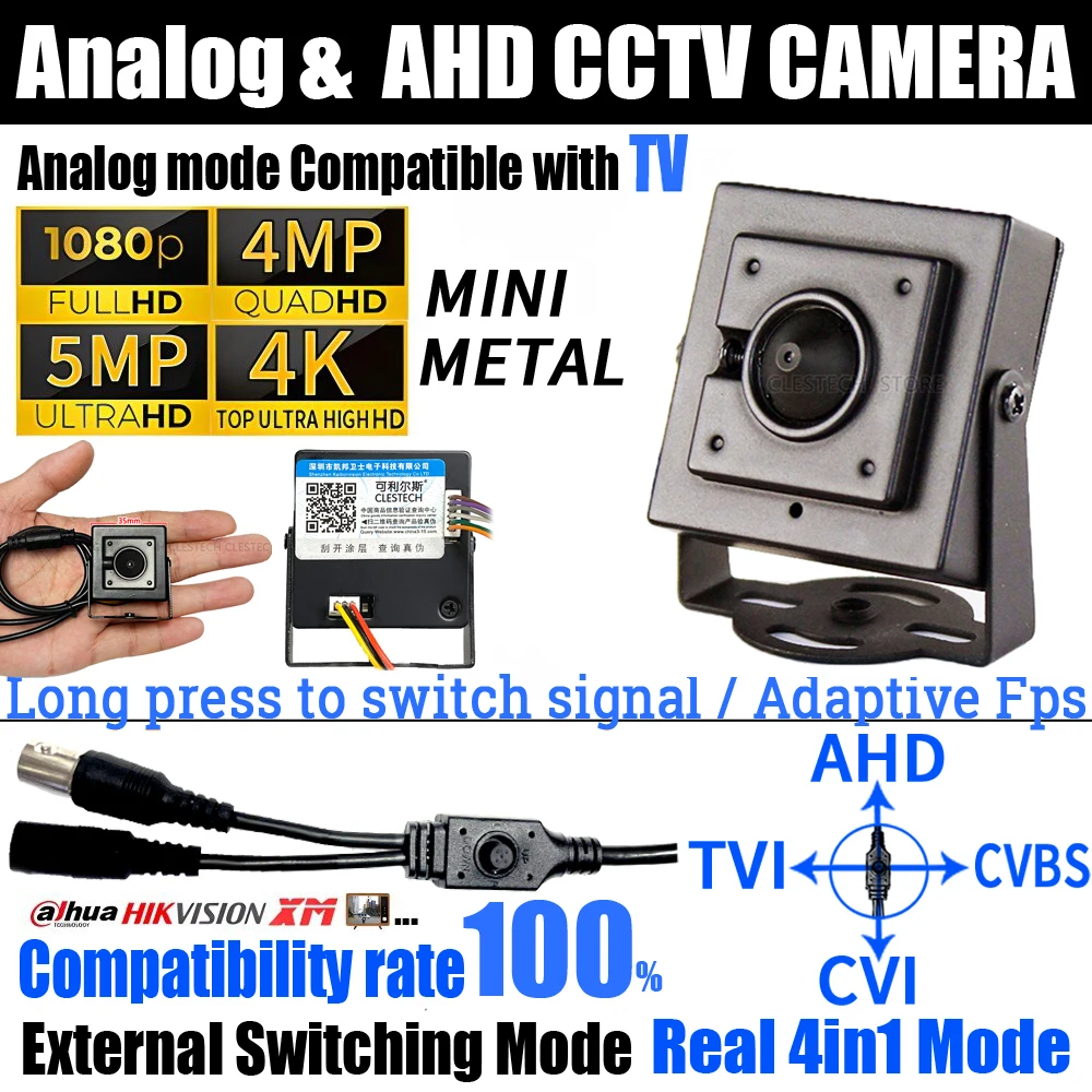 

Metal Hidden AHD/TVI/CVI/Analog 4in1 5MP 1080P 4K CCTV Super Mini Camera Cone Lens OSD Menu Micro Small Security Monitor Bracket