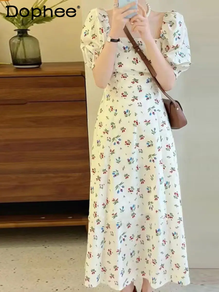 

Korean Summer French Simplicity Square Collar Off-Shoulder Slim Waist Slimming Puff Sleeve Dress Elegant Floral Maxi Dress Women
