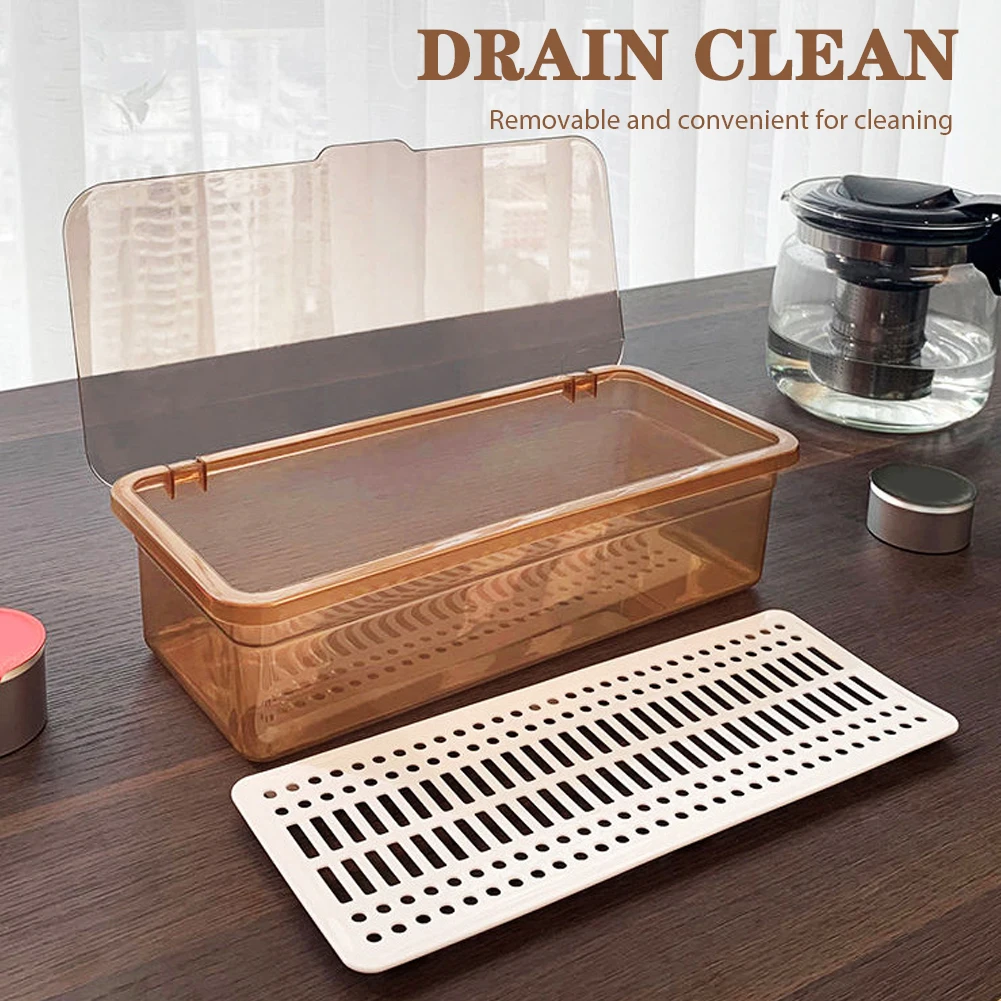 Tea Set Storage Box Transparent Cutlery Tray With Lid Drain Large Capacity Dustproof Cutlery Holder Desktop Dustproof With Cover 5
