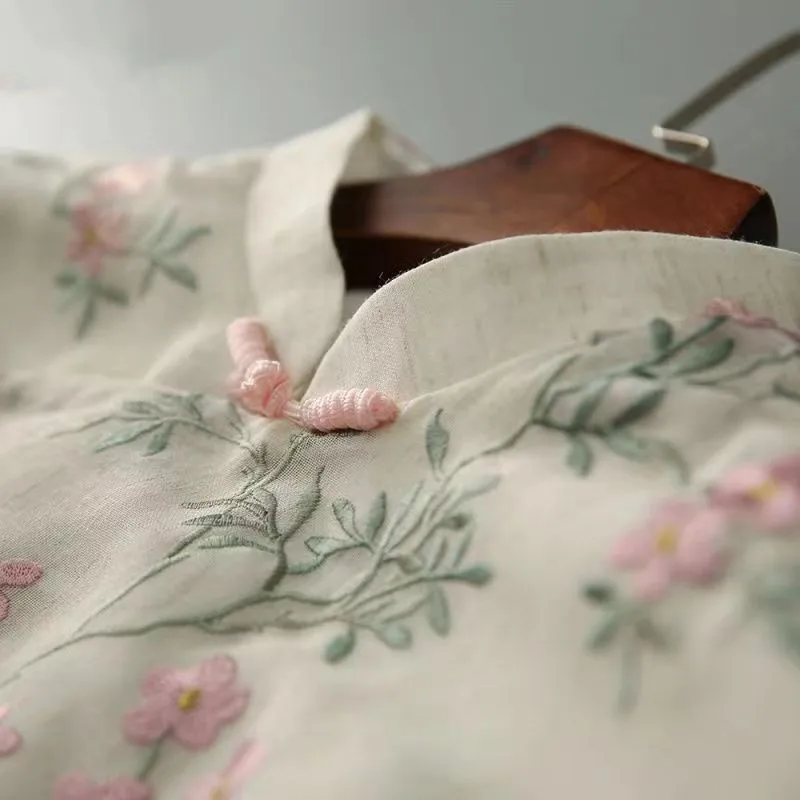 Summer Chinese Improved Cheongsam Top For Women Retro Button Long Sleeve Printed Shirt Female