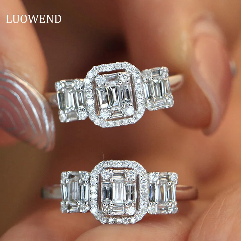 

LUOWEND 18K кольца из белого золота, настоящие натуральные бриллиантовые кольца для женщин, модные квадратные дизайнерские минималистичные стильные обручальные украшения