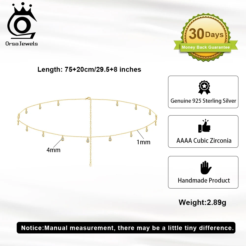 ORSA JEWELS 925 Sterling Silver Body Sexy Waist Chain Adjustable Sexy Bikini Body Belly CZ Chain for Women Summer Jewelry CW01