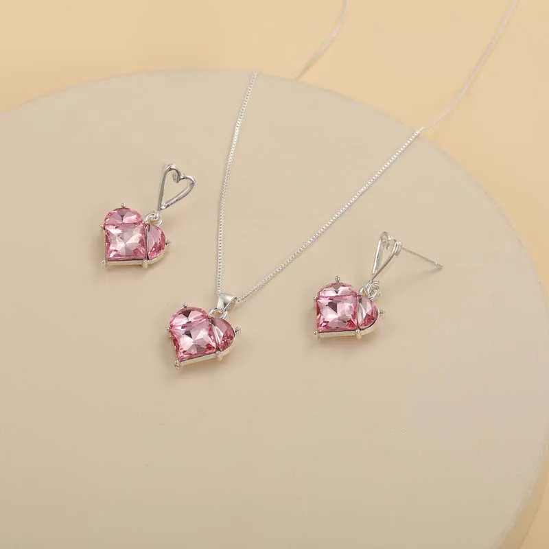 ◆VVV◆ Set Pink Teen Princess Heart Cubic Necklace Earrings 925 Sterling Silver Cute Pink Cubic Zirconia Heart Necklace