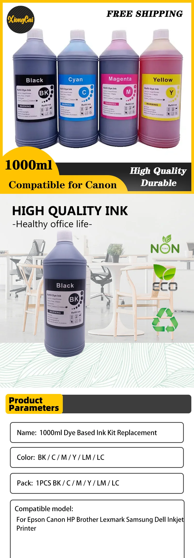 Description Picture 2 of item1000ML 1KG Liter Black C M Y Refill Dye Based Ink Kit Replacement For Epson Iconic Brand HP Brother Lexmark Samsung Iconic Brand Inkjet Printer