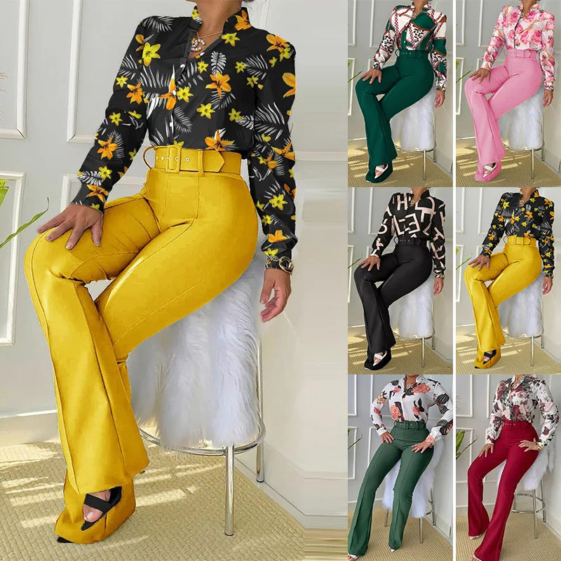 Women Long Sleeve Floral Printed Stand Collar Top Blouse and Trousers Sets Casual Spring Shirts Female blouses lace splicing crochet petal sleeve blouse in green size m xl