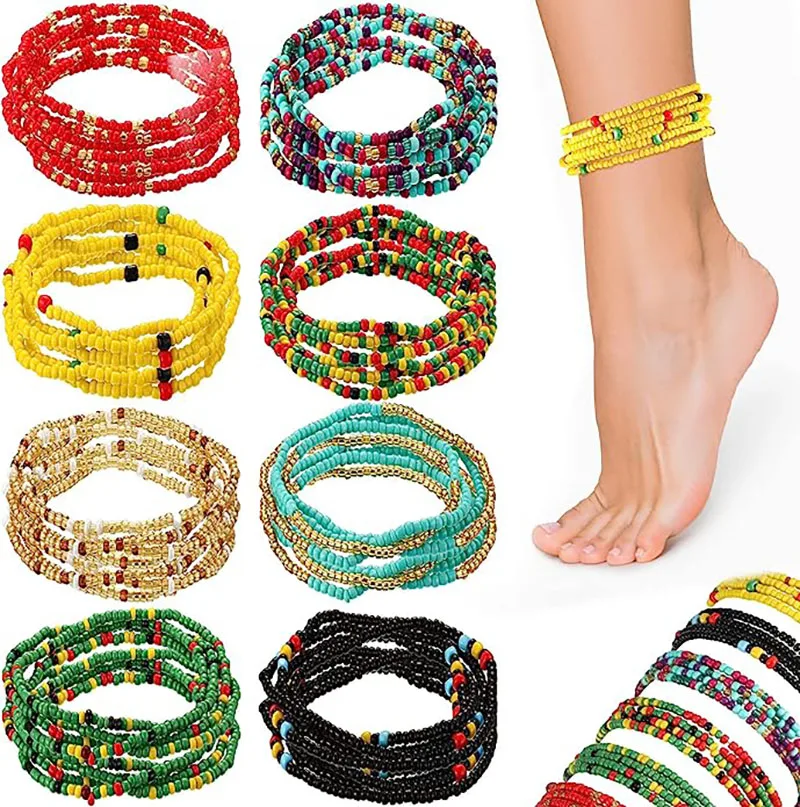 

Handmade Multicolor Layered Ankle Girls Seed African Beaded Anklets Elastic Boho Glass Bead Stretch Anklet Summer Foot Jewelry