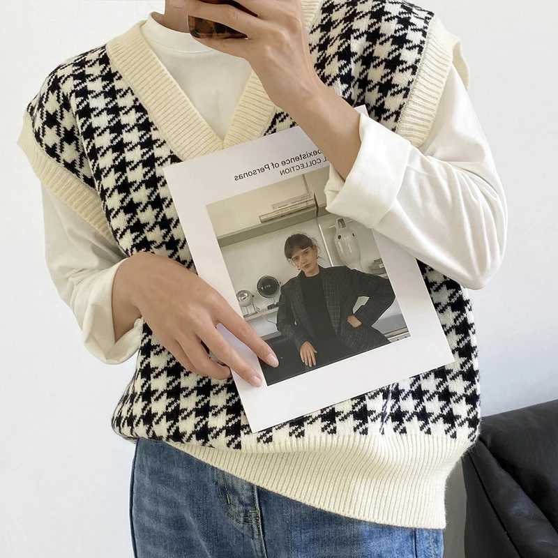 Eleganter Hahnentrittmuster-Pullover mit lockerem Strick, Herbst, V-Ausschnitt, ärmellos, dick, lässig, für Damen, schicke Tops_voghion.com
