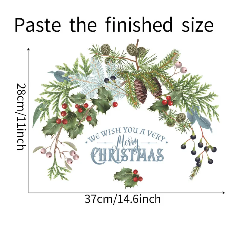 Christmas "Merry Christmas" Pine Branch Greenery Window Wall Sticker 32x39cm Holiday Glass Decal (XMAS010)