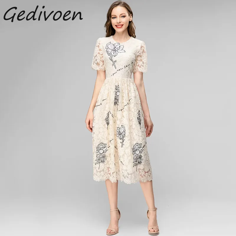 

Gedivoen Summer Fashion Designer Vintage Beige Mesh Dress Women O-Neck Embroidery Gathered Waist Holiday Party Medium Long Dress