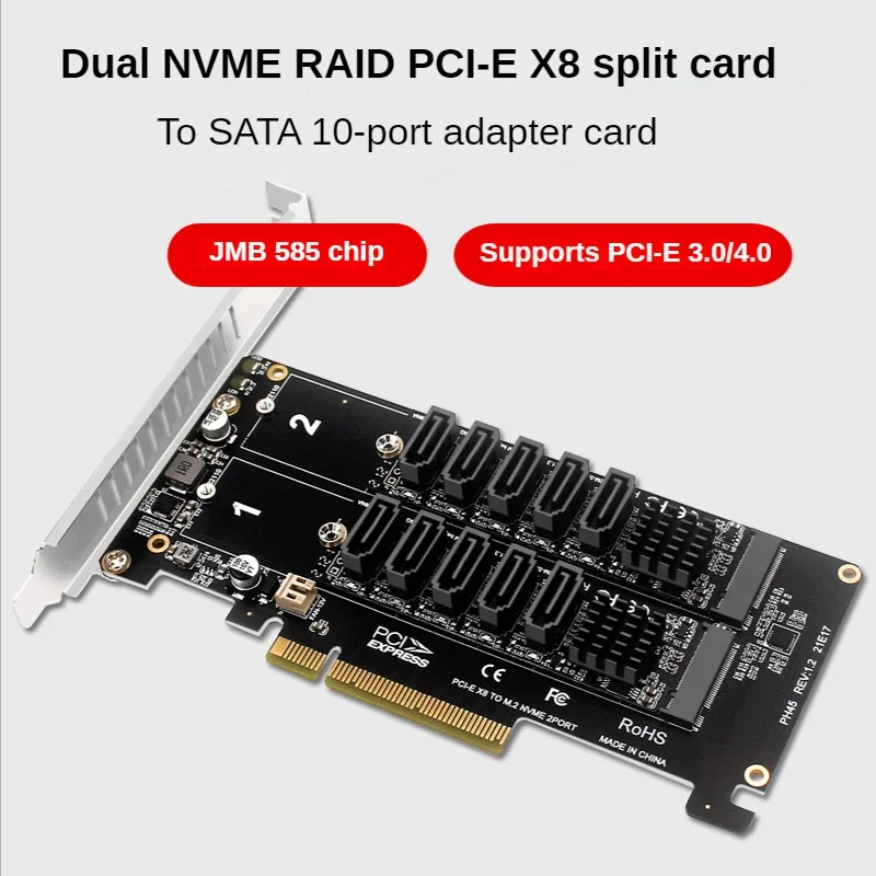 Dual NVMe Raid PCI-E X8 Split Card To Sata 10-Port
