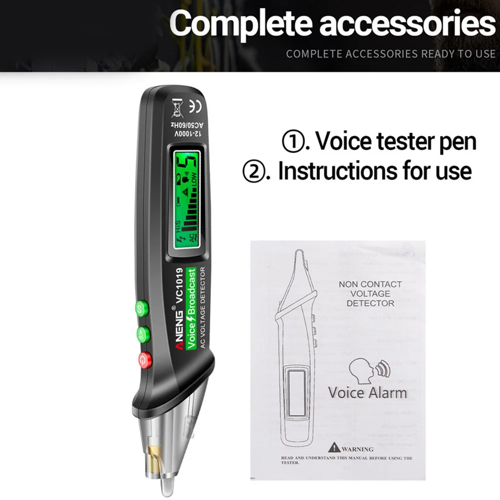 VC1019 Red Laser Test Pen Voice Broadcast Voltage Detector 12-1000V Volt Current Non-Contact Pen Electric Tester Meter Tool 5