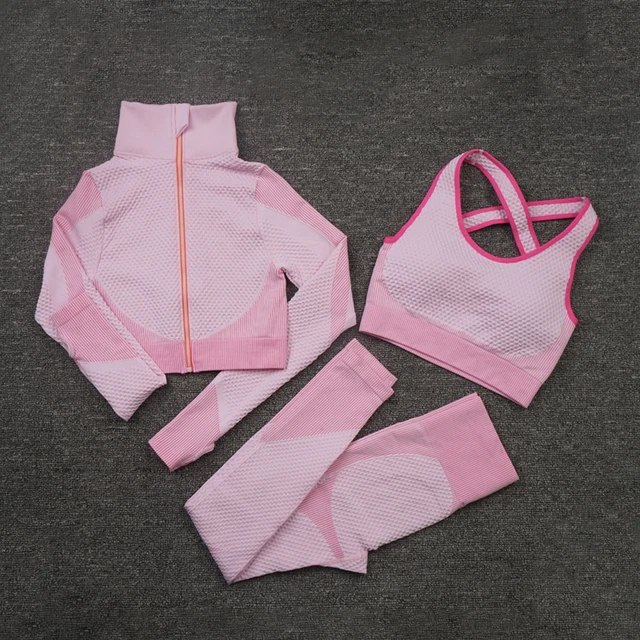 Yoga Set Seamless Sportswear Yoga suit Fitness Clothing gym Sports Suits Workout Running Clothes legging sets for women 2 piece Pink 3pcs