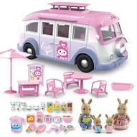 Camping Car Kids Picnic Ice Cream RV Set 1:12 Forest Animal Family Dolls Parasol Table Chair Stickers Suit Pink Children Toys 1
