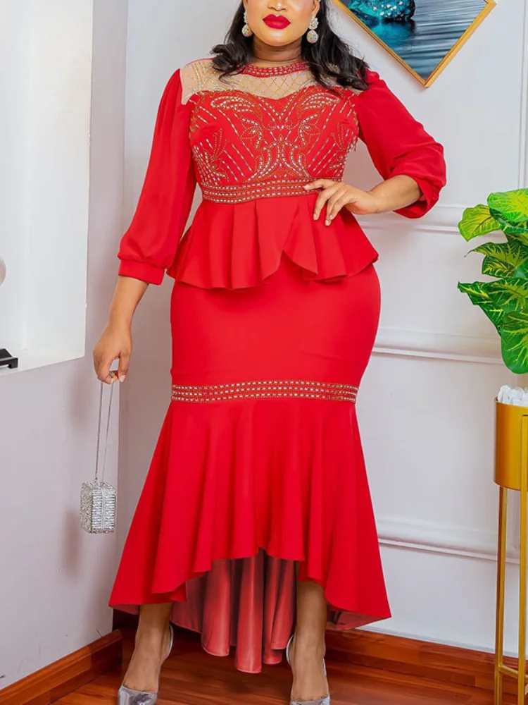 

Women Luxury Party Two Piece Set Mesh Patchwork Peplum Hem Shiny Beading Diamond Midi Skirt Irregular Bodycon Evening Cocktail