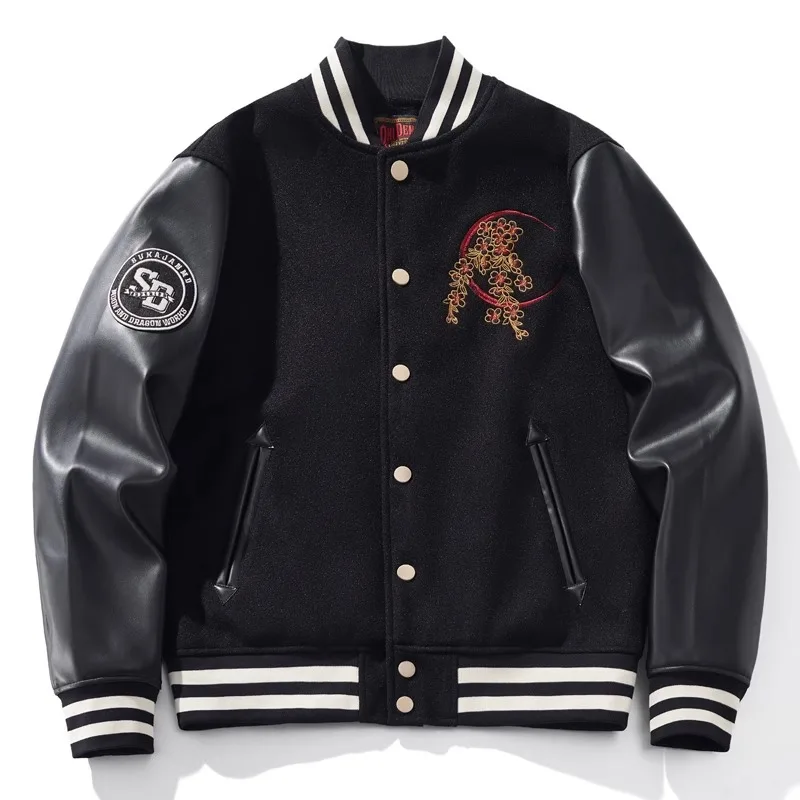 Chinese Style Machine Embroidery Red Dragon Men's Baseball Uniforms Stitching Leather Sleeve Jacket Dragon Year Fashion Jaquetas