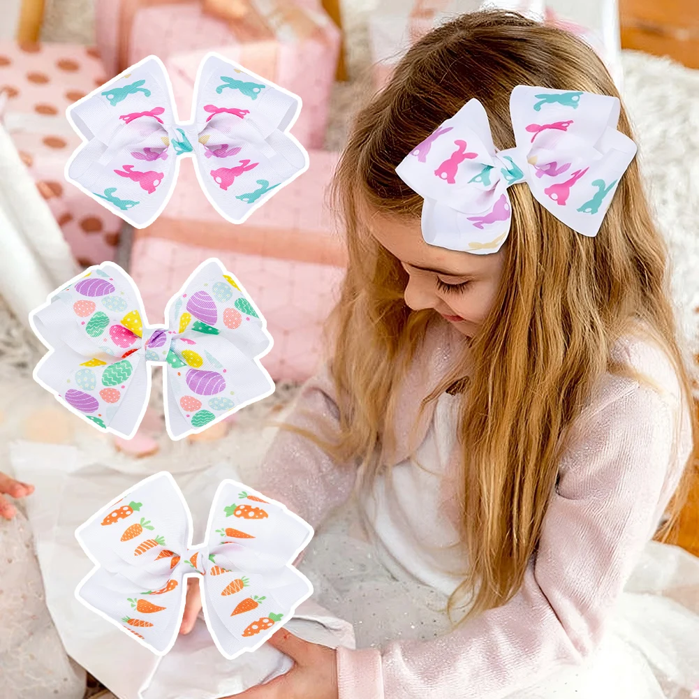 6 인치 대형 활 부활절 날 헤어 클립 귀여운 계란 토끼 Carroot 인쇄 Grosgrain 리본 Hairbows 머리핀 어린이 파티 모자를 쓰고 있죠