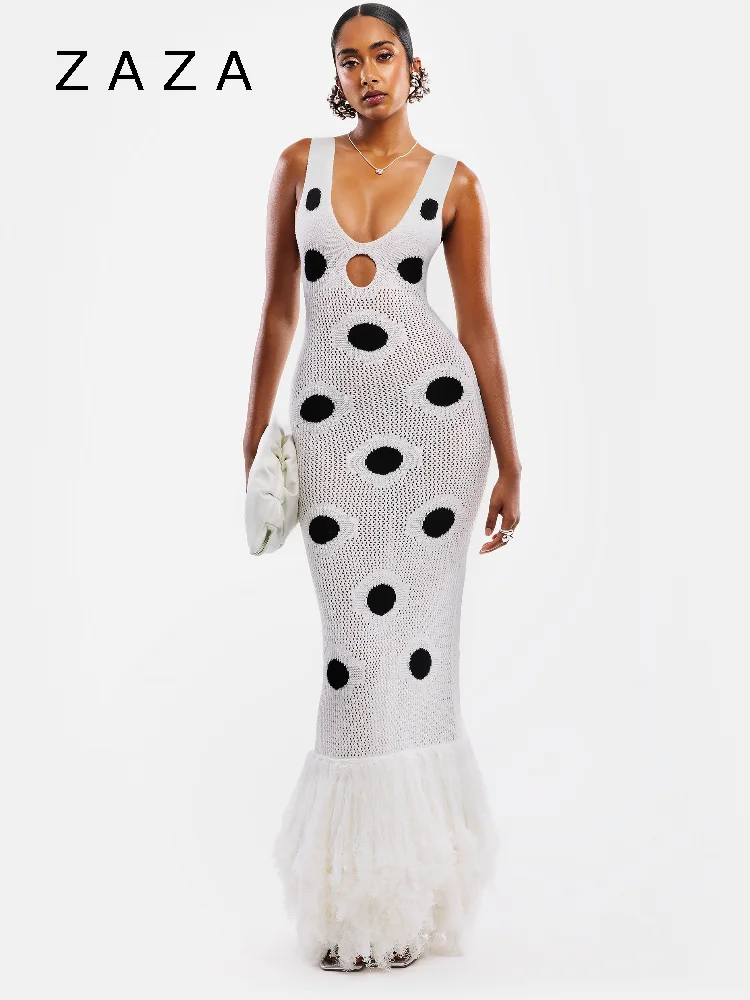 Women Sexy See Through Knitted Maxi Dress Hollow Out Deep Neck Polka Robes  Tassel Hem Fork Party Vestidos New Lady Club Dresses - AliExpress 200000345