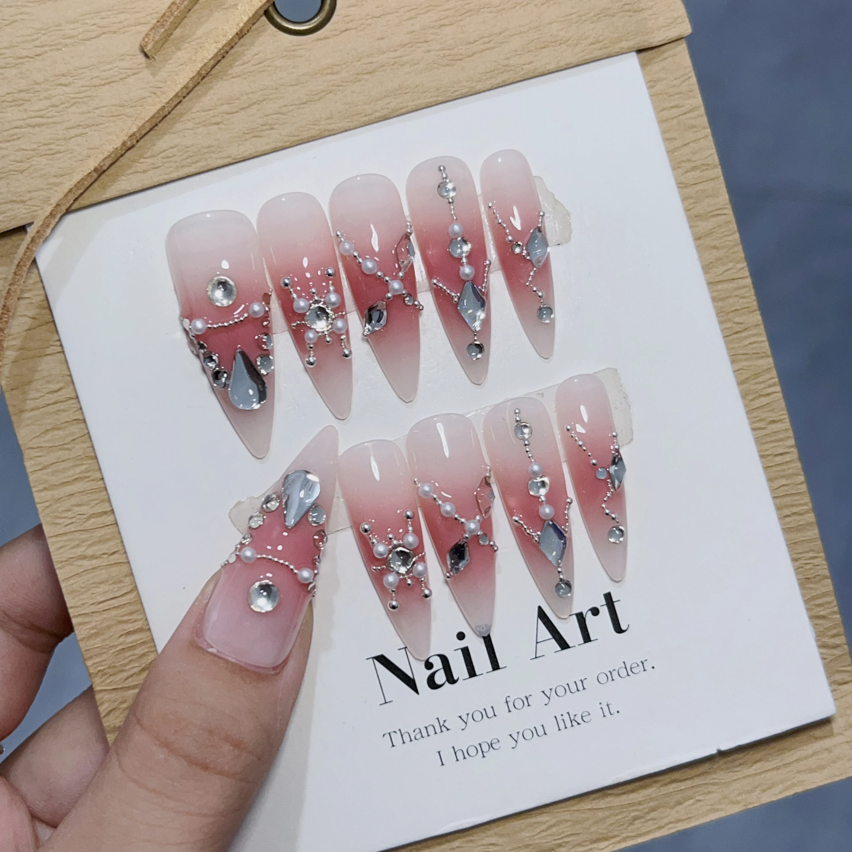 Emmabeauty Blush Handmade Press On Nails Pure Desire Style Water Drop Shape Ice Trasparente Francese High-End.No.Em3218