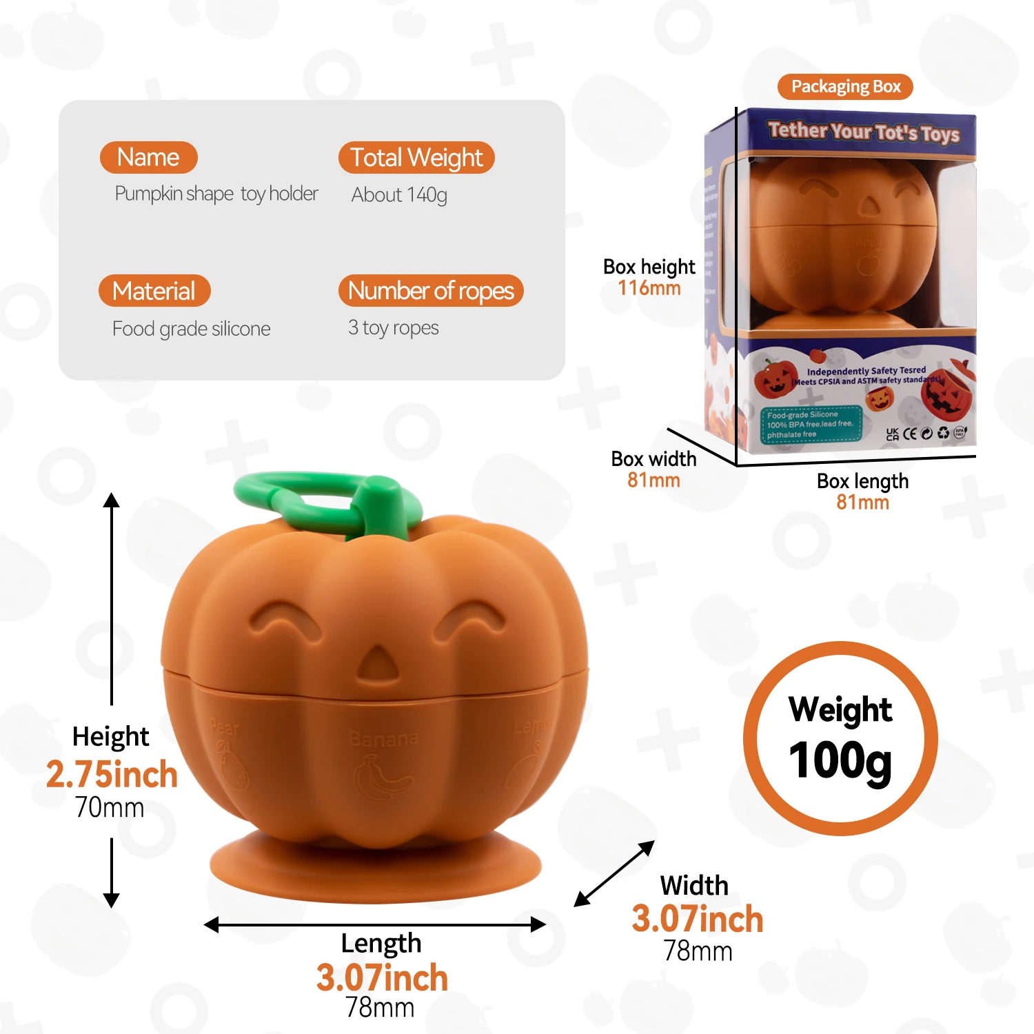Silicone Teether Suction Cup Toy Halloween Pumpkin Shape Baby Teether Toy For Kids With Baby Strap