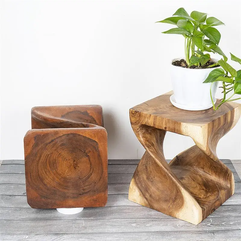 Wood Twist Stool Square Table Floor Stand For Living Room Furniture Accent Table Asian Oriental Stool Interior Decoration