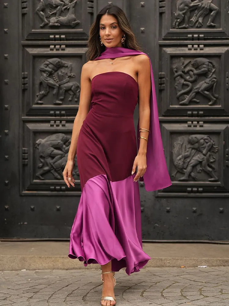 Fashion Satin Spliced Scarf Collar Skinny Long Dress Women Elegant Backless Sleeveless Strapless Vestido Chic Lady Evening Gowns 5