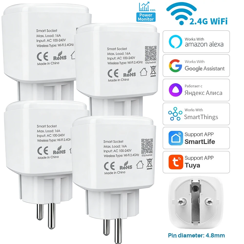 Tuya Smart Plug WiFi Socket EU 16A/20A Power Monitor Timing Function Smart Life APP Control Works with Alexa Google Assistant