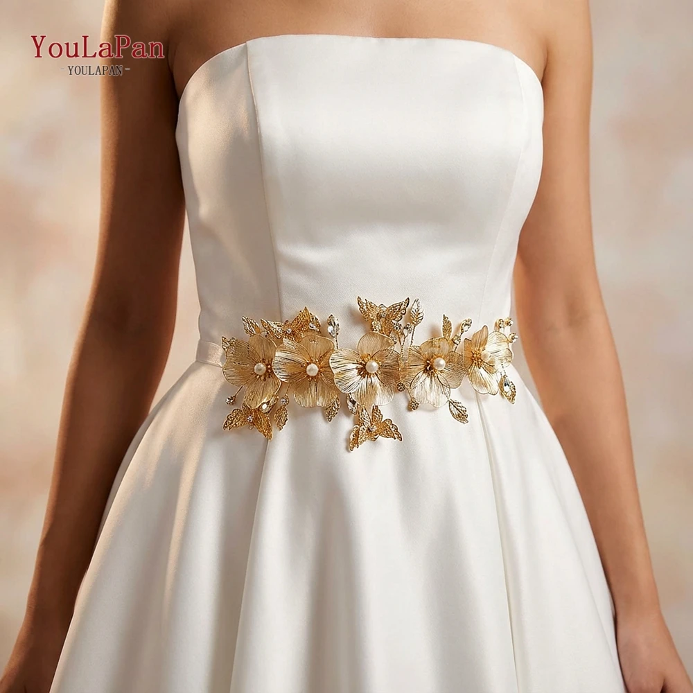 YouLaPan Eleganter goldfarbener Schmetterlings-Hochzeitsgürtel, Hochzeitskleid, Blumengürtel, handgefertigter Gürtel aus Legierung mit Blättern, Zubehör SH993 – Detail 4