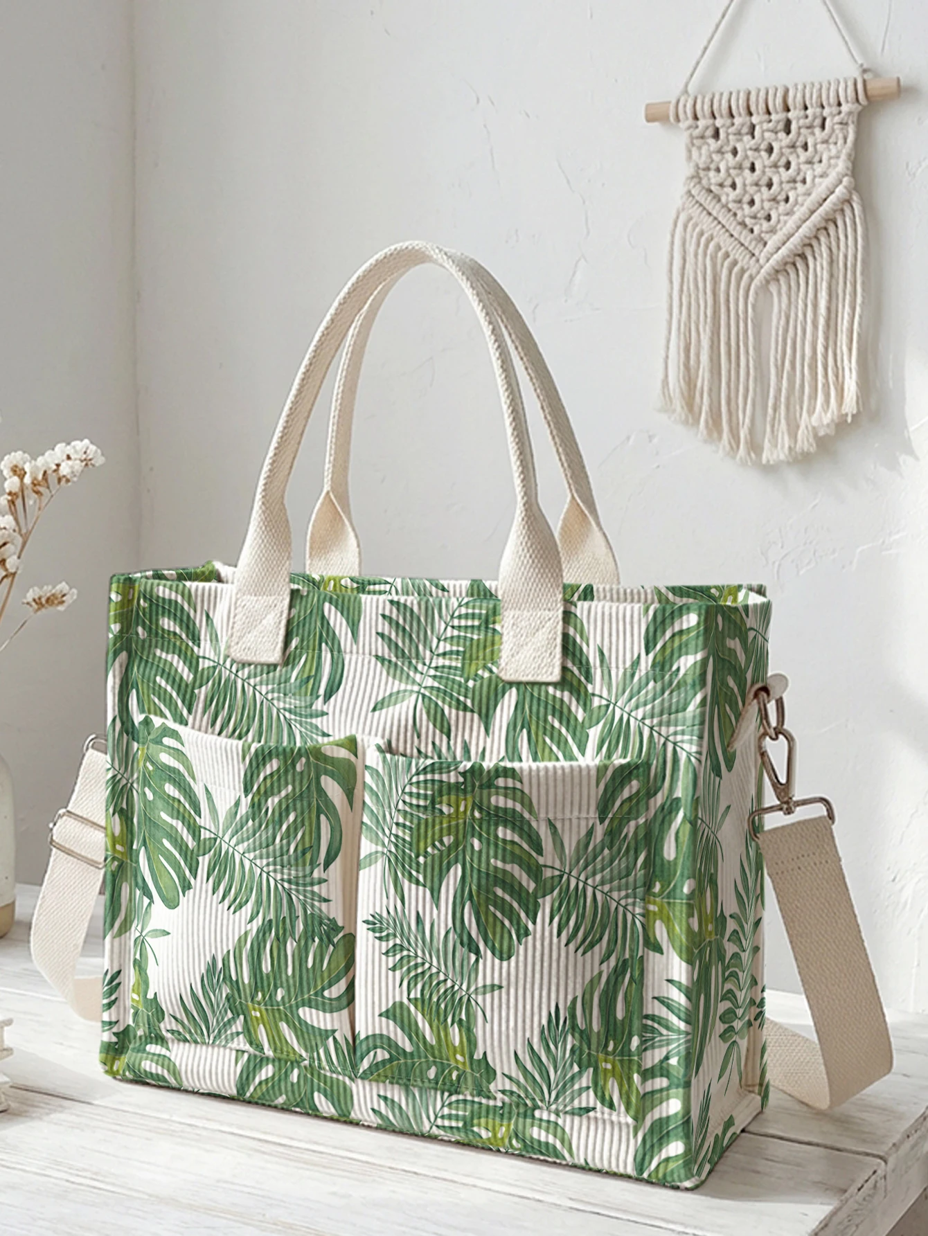 Monstera Corduroy Tote Bag with Pockets 1