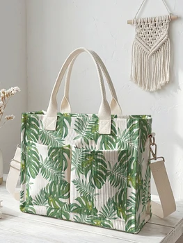 Monstera Corduroy Tote Bag with Pockets 1