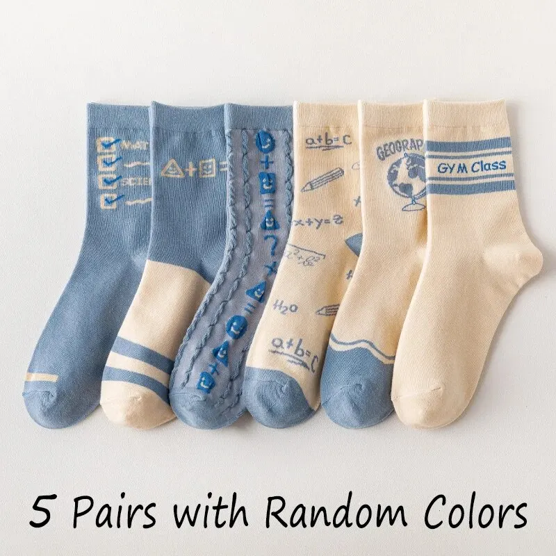 Womens Mid Calf Socks 5 Pairs of Women's Spring Four-season Cute SStriped Letters Youthful Beautiful Fashionable and Comfortable Mid-calf Socks