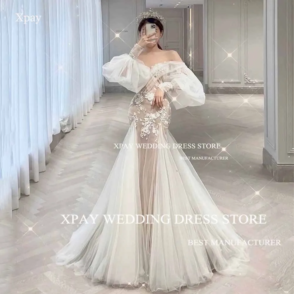 

XPAY Long Puff Sleeve Korea Mermaid Wedding Dresses Lace Appliques Sweetheart Bridal Gown Photos Shoot Sweep Train Bride Dress