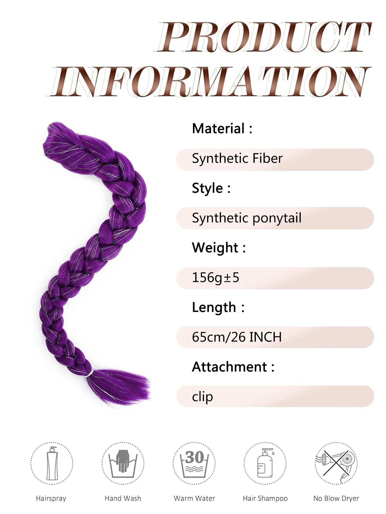 합성 포니테일 헤어 익스텐션, 글리터 브레이드, 26인치 긴 보라색 브레이드 포니테일, 코스프레 크리스마스용 이지 클립 포니테일