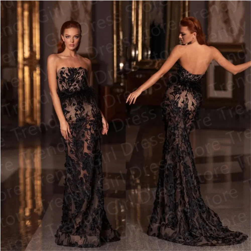 

Charming Black Sequined Mermaid Evening Dresses Strapless Neck Feather Backless Prom Gowns Plus Size Floor Length فساتين سهره