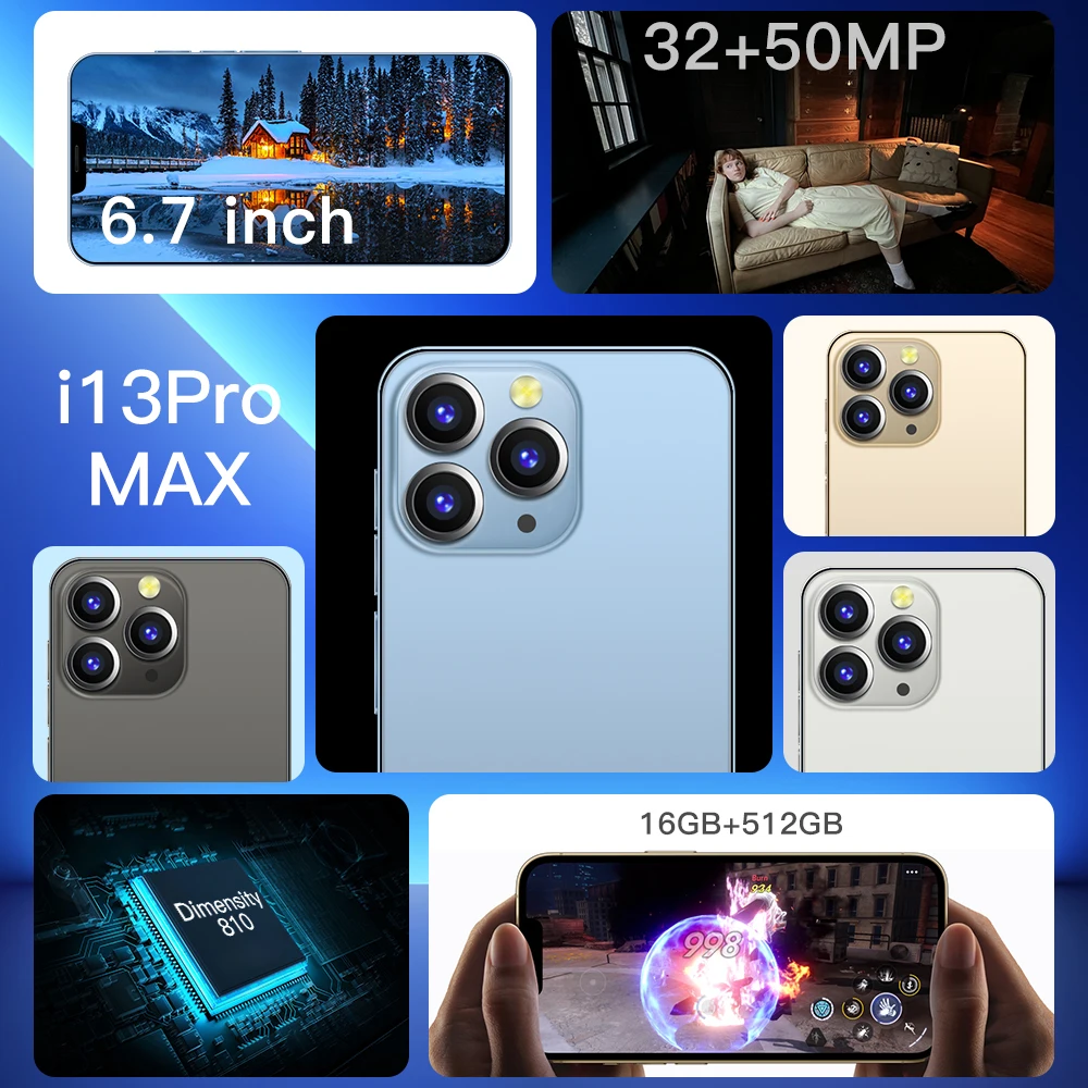 Smartphone I13 Pro Max 10 Core 6.7 Inch 6800 mAh 4G 5G Celular Global Version 16GB 512GB Smart Cell Mobile Hand Phone Telefon cell phones and 5g