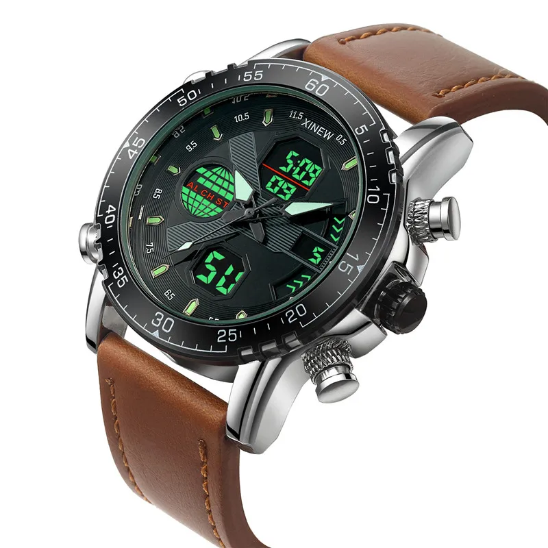 Original XINEW Brand Dual Time Watches For Men Fashion Casual Full Steel Band Sports Chronograph Watch Black Relogio Masculino