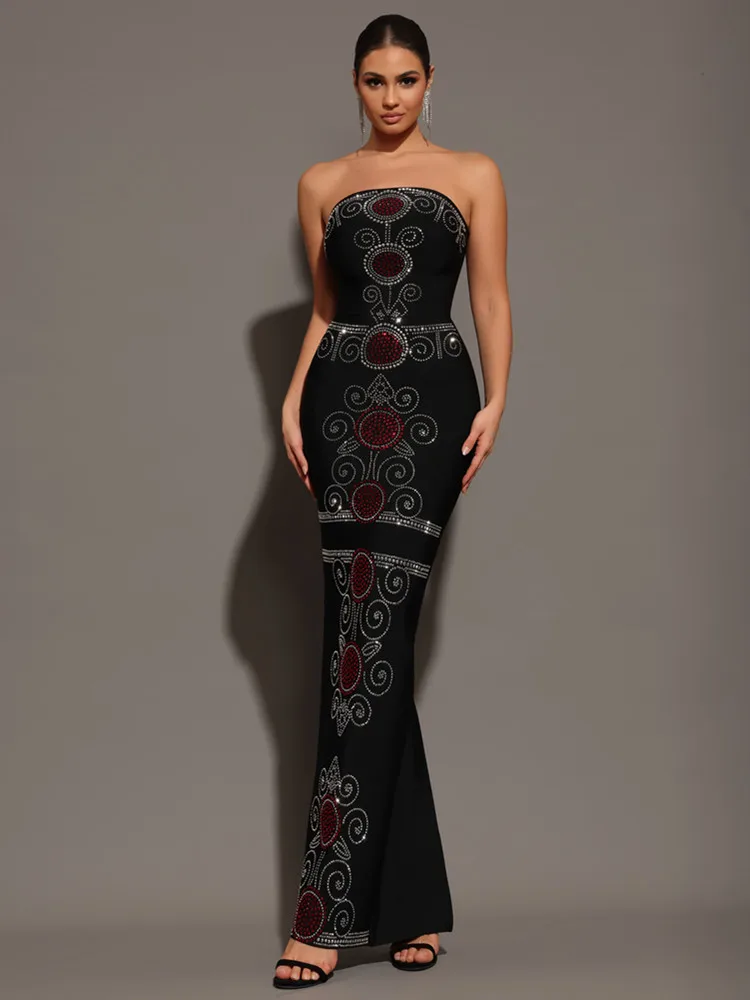 Women Sexy Strapless Backless Flower Maxi Long Bandage Dress  Knitted Celebrity Elegant Evening Club Party Birthday Dresses