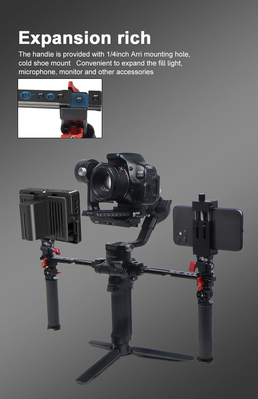 Description Picture 6 of itemRS3 Mini RS4 Pro Gimbal Handgrip Dual Carbon Handle Grip 180 Adjustable Clamp for DJI Ronin RS2 RSC2 Stabilizer Monitor Bracket