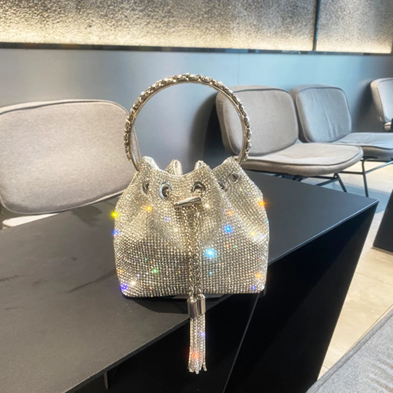 Luxury Designer Handbag 2022 Diamonds Tassel Evening Clutch Bag Full Diamond Small Bucket
