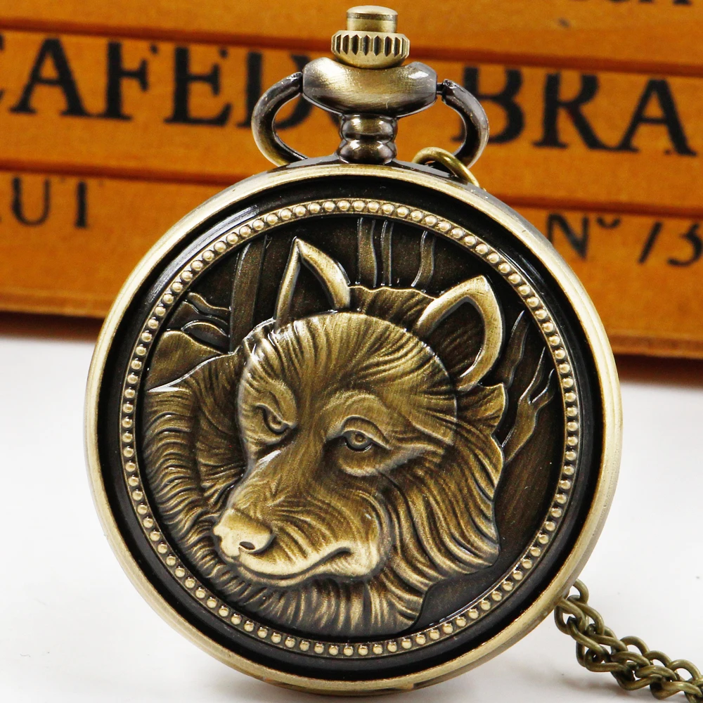 

All Hunter Wolf Carved Quartz Pocket Watch Pendant Necklace With Chain Male Best Gift relogio masculino
